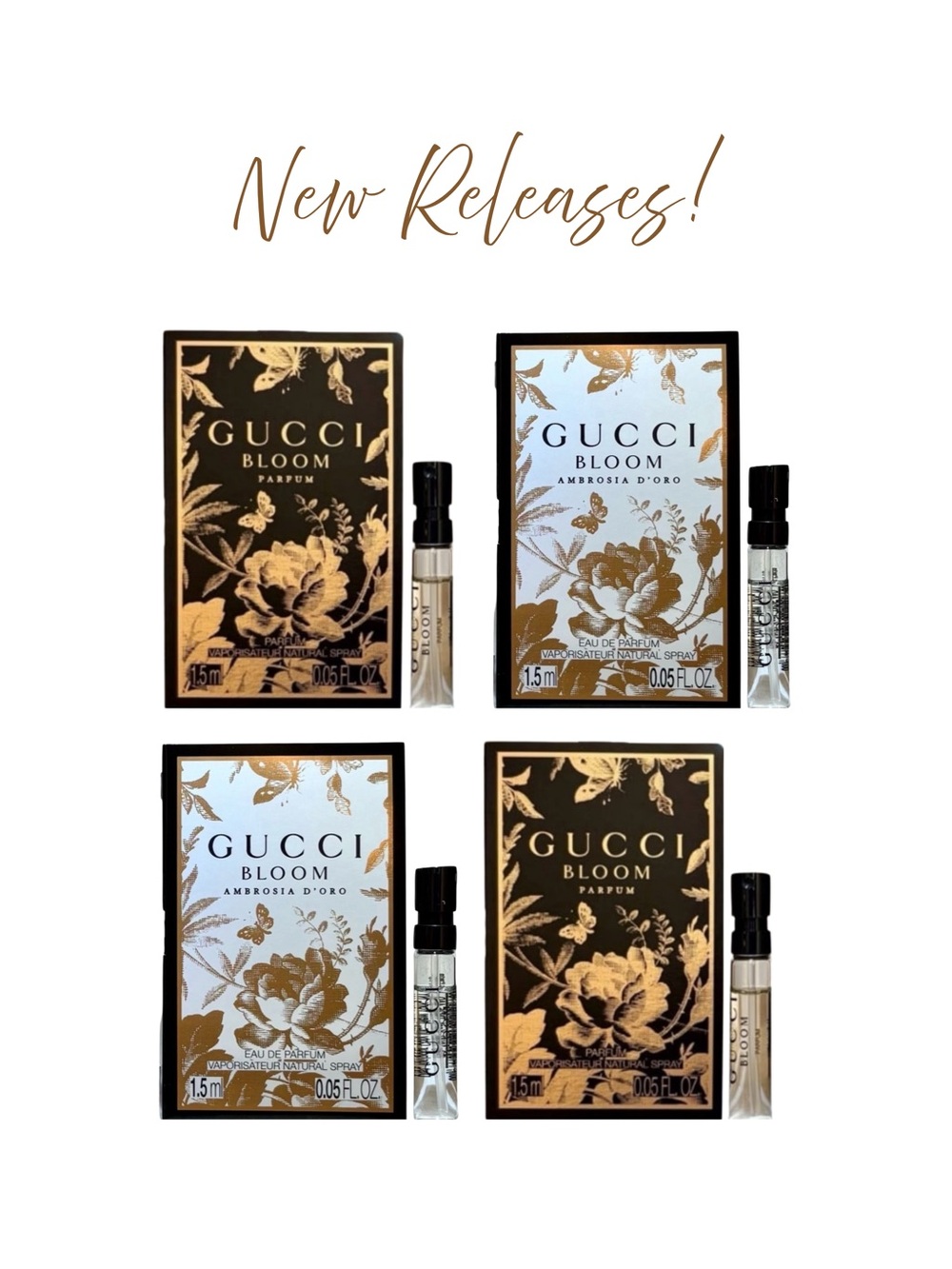 GUCCI Bloom Intense & Gucci Ambrosia D’oro 4 pc. Sample Set - .05 fl oz ea. NEW
